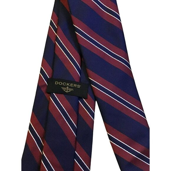 5/$10 Dockers Red Blue Stripe Polyester Men's Tie NWOT - Picture 3 of 5